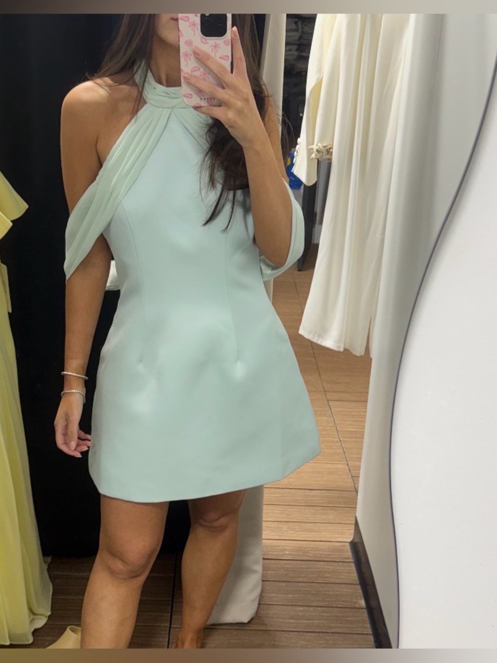 Halter Mini Dress in Mint Green with Draped Shoulder Detail